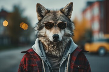 Wall Mural - Hipster wolf walking around the city on the street.