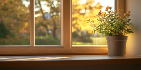 Golden Light Through Window With Potted Plant