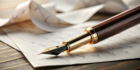 A elegant pen hovering above a crisp white paper, about to leave a bold, swooping signature, surrounded by scattered scattered letters and writing materials.