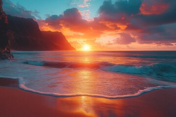 Poster - Sunset over a sandy beach with a mountain in the background