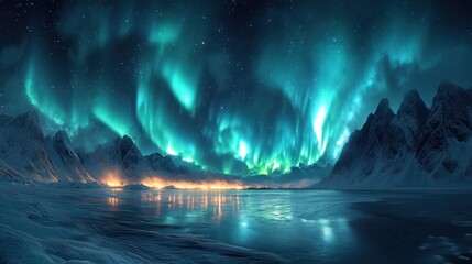 Poster - Aurora Borealis Over Snowy Mountains