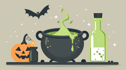 Wall Mural - Cauldron with green potion, a pumpkin and a bat on a grey background for a Halloween festival witch brewing a potion in the simple minimalistic style 