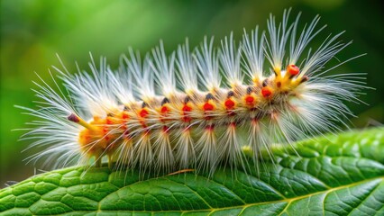 A fuzzy white marked tussock moth caterpillar with distinctive tufts of hair and bright orange body segments crawls along a green leaf in early summer.