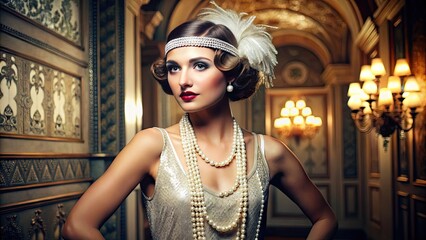 A glamorous young woman, adorned with pearls and a fedora, exudes sophistication while posing in a drop-waist flapper dress amidst an ornate, art deco-inspired backdrop.