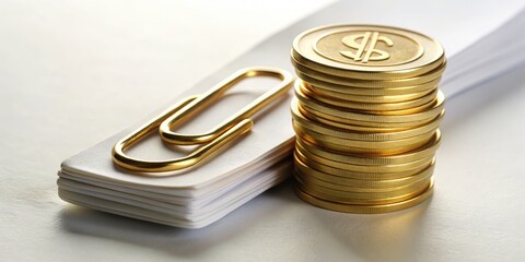 A golden metal paperclip holds together a stack of crisp, white papers with a dollar sign and coins on top, symbolizing financial organization.