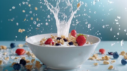 Breakfast cereal with raisin and milk splash