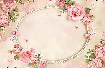 Wall Mural - pink roses and lace pattern with ribbon bow around the edges of an oval white frame, on a cream background for backdrop for girls' party decor, children's scrapbooking pages, or as nursery art. 