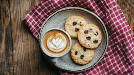 Raisin cookies with coffee on table