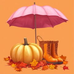 Poster - A pumpkin, boots, and an umbrella surrounded by autumn leaves.