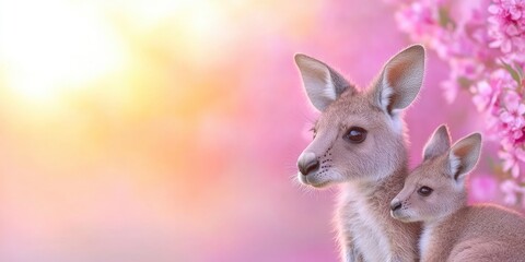 Two baby kangaroos are standing in front of pink flowers. The image has a warm and playful mood, with the pink flowers adding a touch of color and whimsy to the scene