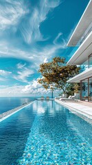 Wall Mural - A dazzling infinity pool set against a background of clear skies, adjacent to a modern villa designed with sleek lines and contemporary architectural beauty.