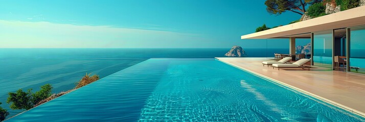 A luxurious infinity pool overlooking a vast ocean view, with a modern terrace featuring minimalist design elements, lounge chairs, and glass railings on a sunny day.