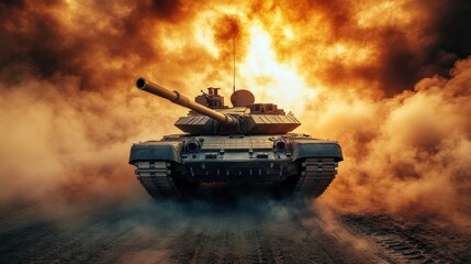 Wall Mural - A large tank is driving through a dusty desert. The smoke from the tank is billowing behind it, creating a sense of movement and power. The scene is intense and dramatic