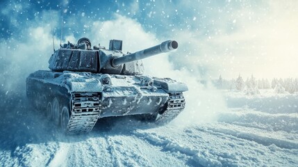 A tank is driving through a snowy field. The tank is covered in snow and he is in motion. The scene is cold and desolate, with the tank being the only sign of life in the area