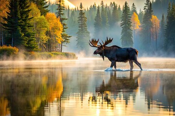 A majestic bull moose emerges from misty forest, antlers towering, as it crosses a serene lake's glassy surface, reflecting autumnal hues of surrounding trees.