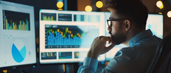 Wall Mural - a focused data analyst in glasses examines multiple screens displaying complex charts and graphs, im