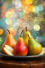 Wall Mural - Pear fruit in plate with abstract bokeh background