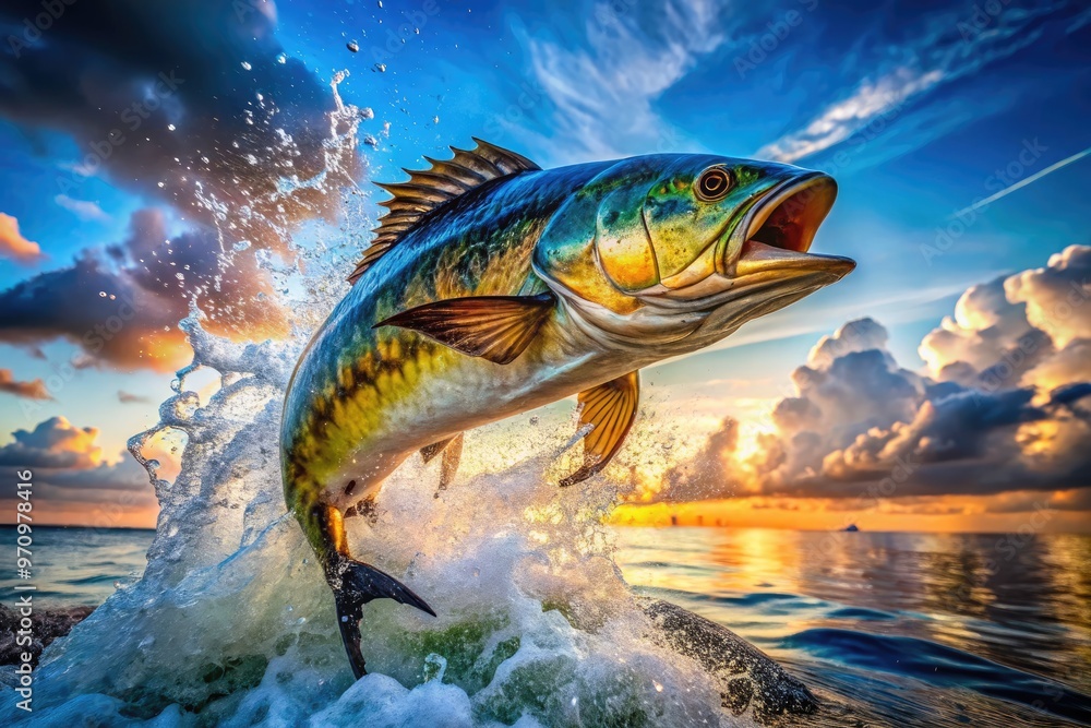 A majestic fish leaps out of the water, its scales glistening in the ...