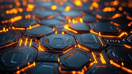 Canvas Print - 3d render of hexagons with glowing lights on the edges, futuristic background 