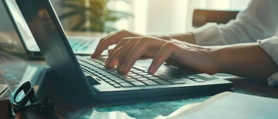 Wall Mural - a person typing on a laptop with sunlight streaming through a nearby window, setting a productive an