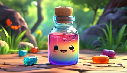 Wall Mural - Playful animated character with vibrant colors and an adorable potion bottle