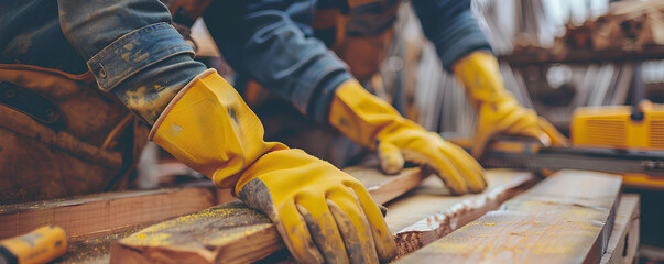 Two male carpenters in workwear and safety helmets working together with wooden planks on a table at a construction site, professional craftsmanship team building furniture using wood beams in a works