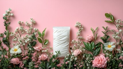 Wall Mural - White Pillow on Pink Background with Flowers