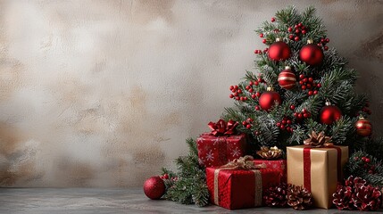 Wall Mural - Christmas Tree with Red decorations and Gifts. Holiday concept on White background with copy-space. 