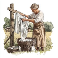 Senior woman hanging laundry on a farm, nostalgic rural scene, watercolor illustration, soft colors, isolated on white background