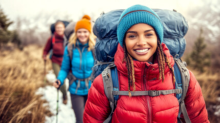 Group of smiling female friends hiking in the mountains during a winter adventure.
