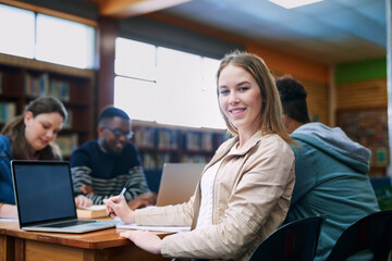 Poster - Woman, student and portrait in library with group, learning and notes at campus, pride and diversity at college. Person, education and development with pc for scholarship, study and smile in Canada