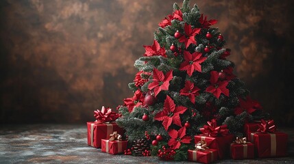 Wall Mural - Christmas Tree with Red decorations and Gifts. Holiday concept on White background with copy-space. 