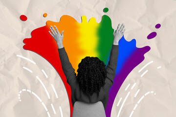 Sticker - Composite photo collage of girl curly hairdo sit back chair rainbow lgbt sign community demonstration pride isolated on painted background