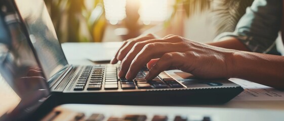 Wall Mural - hands typing on a laptop keyboard bathed in the warm glow of sunlight, symbolizing productivity and 