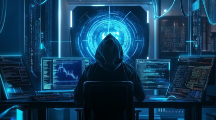 Hacker in a high-tech setup with data on screens
