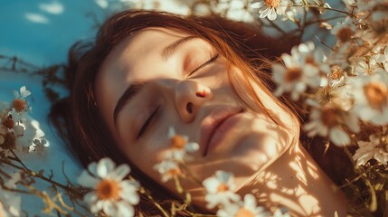 Wall Mural - Woman resting in a field of daisies with sunlight