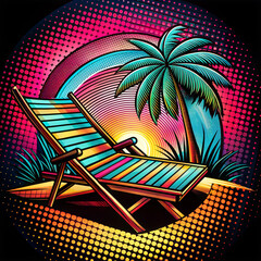 Colorful beach lounge chair under a palm tree on a vibrant abstract background for t-shirt printing