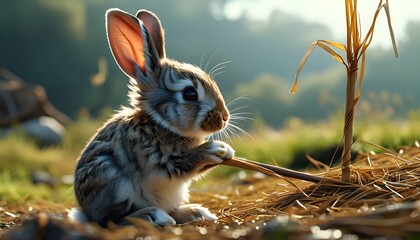 Whimsical rabbit clinging to straw in a vibrant animated nature landscape