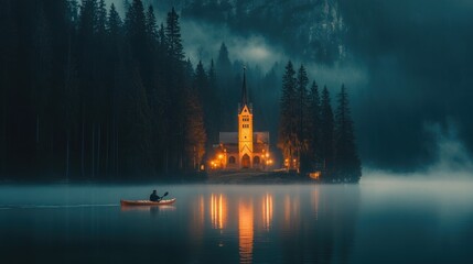 A man kayaking in still lake water with forest and church