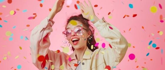 A joyful woman celebrates under a shower of confetti, her bright smile and pink glasses popping against the pink background.