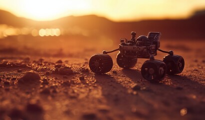 Alien rover exploring martian terrain at sunset for sci-fi enthusiasts