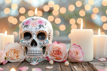 Dia de los Muertos celebration skull with candles and roses, Mexican festival, Aztec Maya cultures, festive atmosphere concept