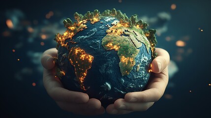 a human hand delicately cradles the glowing earth, symbolizing care for the planet and the connectio