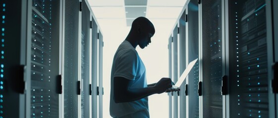 Wall Mural - an it professional stands silhouetted against the glow of servers, diligently working on his laptop 