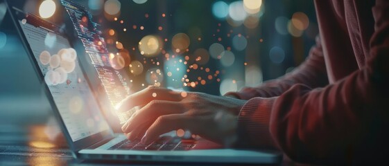 Wall Mural - hands typing away on a laptop, surrounded by glowing bokeh lights, capturing the essence of creativi