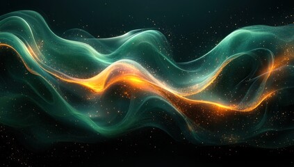 Canvas Print - Abstract Green and Orange Waves with Glowing Particles