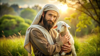 A serene, bearded figure with a gentle gaze, adorned in traditional attire, holds a lamb in a lush, idyllic landscape, symbolizing peace and redemption.