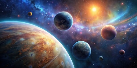 Wall Mural - Alien planet in space background with moons and stars, alien, planet, space, background, moons, stars
