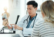 © KayExam/peopleimages.com - Hospital, pills and doctor with woman for consulting, medical service and prescription for diagnosis. Healthcare, clinic and person talk to patient with medicine for sickness, insurance and wellness