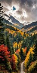 Wall Mural - Vertical panorama of autumn forest with dramatic sky